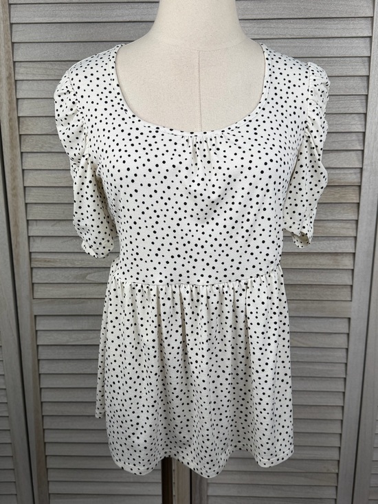 Monteau Tops - MONTEAU Romantic Coquette Puffy Ruched Sleeve Blouse White w Black Dots-M